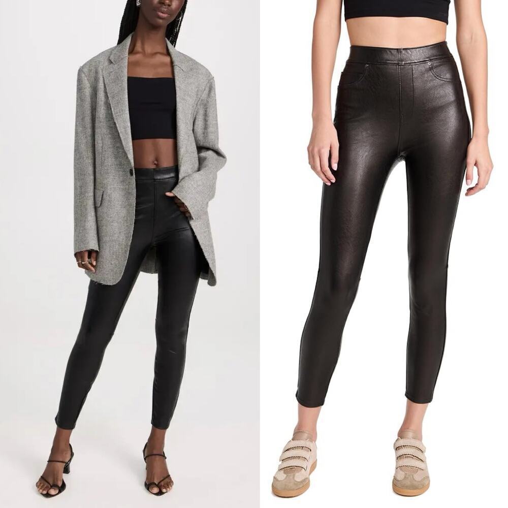 Spanx Faux Leather Leggings Black Large High Rise Shaping Slim Fit